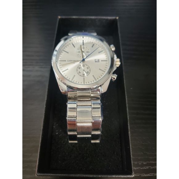 NEW‎ IN BOX Men's Chronos Watch Calendar Quartz Watch Sterling Steel Strap - Picture 2 of 5